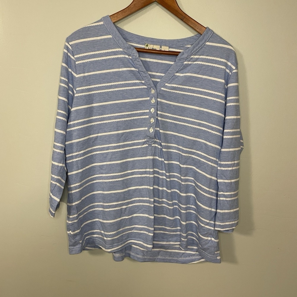 LL Bean Shirt Womens White Blue Striped 3/4 Sleeve Outdoors Top Size Lp Petite